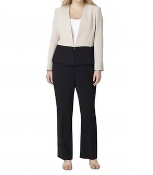 NEW TAHARI BY ASL women's plus size colorblocked pant suit in beige/black